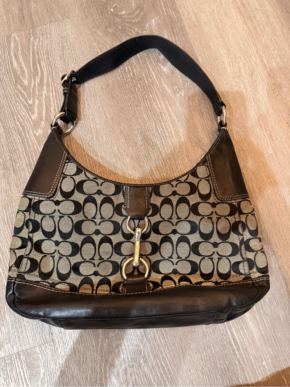 Coach Signature Canvas Hobo Shoulder Bag in Black and Tan